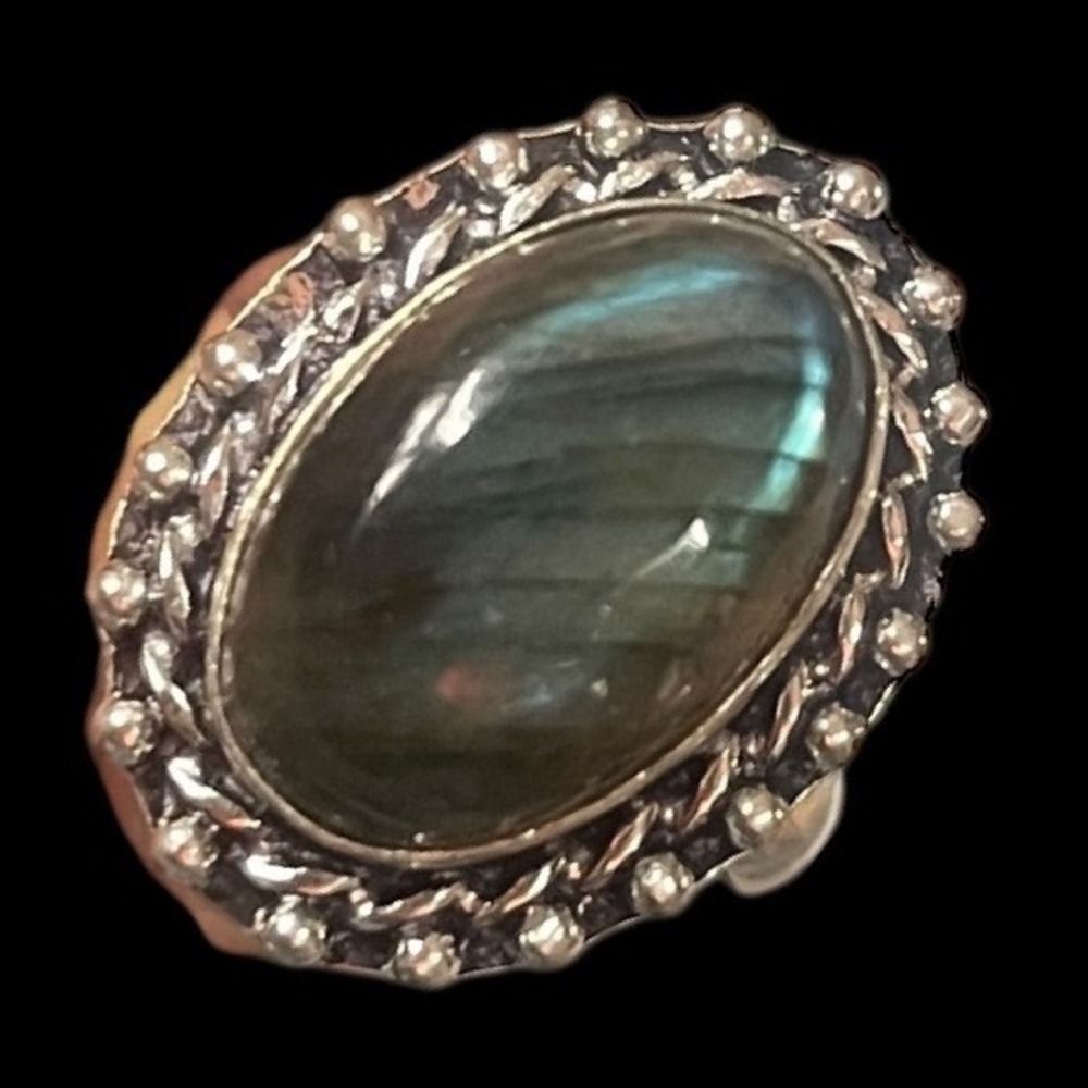 Vintage Style Labradorite Ring Ornate Sterling Silver – Bold Oval Cabochon Sz 8 - Picture 2 of 6